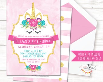 Unicorn Birthday Invitation, Unicorn Invitation, Unicorn Birthday, Unicorn Party, First Birthday Invitation, Gold Unicorn, Pink and Gold