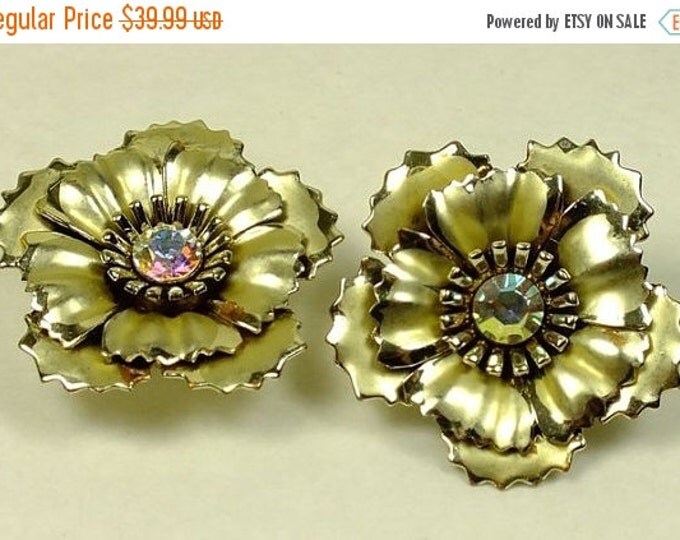 Storewide 25% Off SALE Vintage Designer Coro Floral Rosette Gold Earrings Featuring Brushed Relief Design And Aurora Borealis Rhinestone Acc