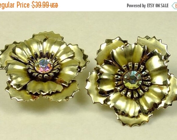 Storewide 25% Off SALE Vintage Designer Coro Floral Rosette Gold Earrings Featuring Brushed Relief Design And Aurora Borealis Rhinestone Acc