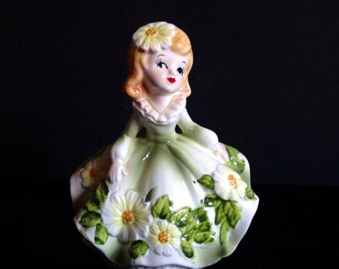 Storewide 25% Off SALE Vintage Porcelain Collectable Relpo 6081 Stamped Woman Figurine Planter Featuring Victorian White Daisy Floral Dress