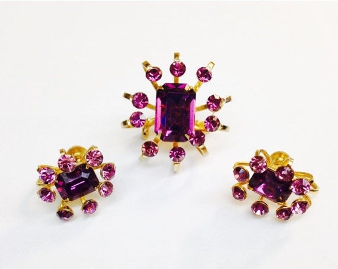 Storewide 25% Off SALE Vintage Gold Tone Amethyst Rhinestone Coro Signed Designer Brooch & Matching French Earrings Featuring Mid Century At