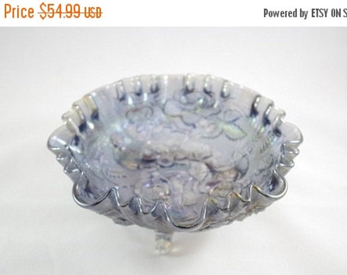 Storewide 25% Off SALE Vintage Blue Iridescent Ruffled Art Glass Footed Bowl Featuring Beautiful Frosted White and Blue Patterned Tones