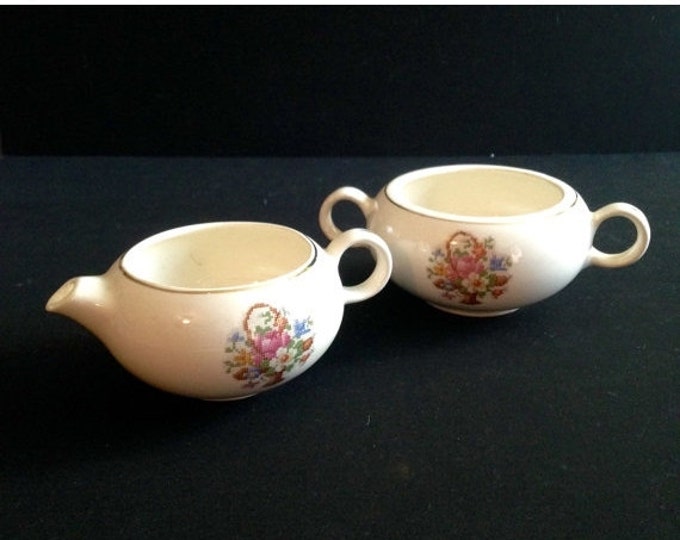 Storewide 25% Off SALE Vintage Porcelain Quaker Petit Point 23k Gold Painted Serving Creamer & Double Handled Sugar Bowl Featuring Elegant R