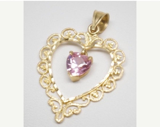 Storewide 25% Off SALE Vintage 14k Yellow Gold Filigree Heart Pendant Featuring Lavender Heart Shaped Amethyst Dangling Accent Gemstone