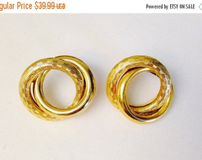 Storewide 25% Off SALE Vintage Gold Tone Double Ring Designer Earrings Featuring Elegant Textured Style Design