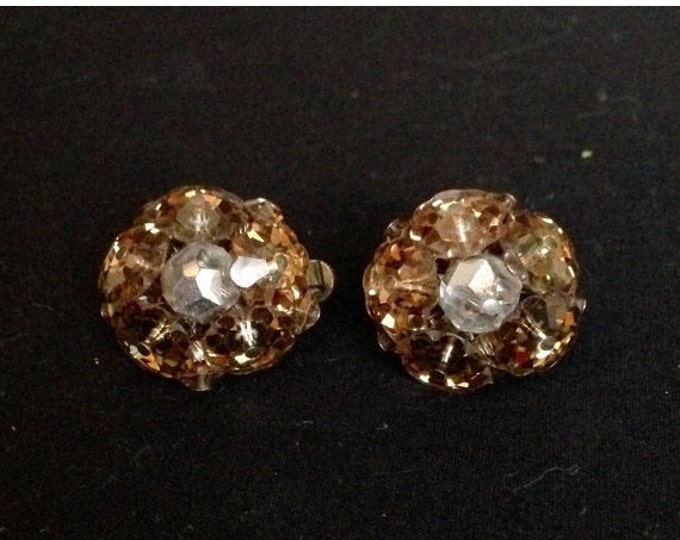 Storewide 25% Off SALE Beautiful Vintage Fire Smoked Vendome Signed Floral Clip Earrings Featuring Yellow Rhinestone Accents