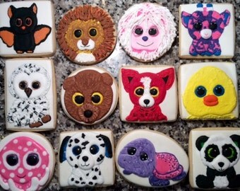 Beanie Boo Custom Decorated Sugar Cookie Set- Beanie Boo Cookies- Stuffed Animal Cookie Set