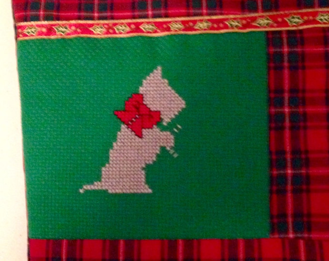 HALF PRICE ** Scottie Dog Traditional Vintage-style Quilted Patchwork Christmas Stocking. Red Tartan Plaid with Cross Stitch Scottie