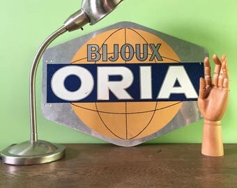 French Aluminium Shop Sign. Bijoux Oria. Antique French Sign. Shop Display Double-sided Plaque. Advertising Sign. 1960s. Industrial Decor.