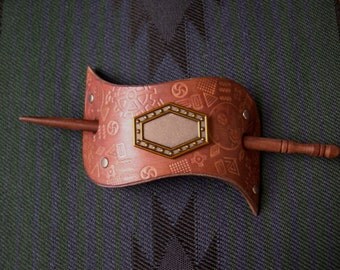 416 LARGE fit, Leather Hair Slide Barrette, Stick barrette, stamped leather, steampunk, gears, concho,