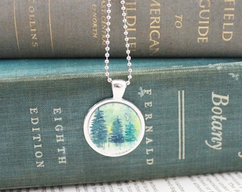 Forest Necklace, Owl Necklace, Forest Pendant, Forest Jewelry, Owl Jewelry,Pacific Northwest, Nature Necklace, Forest Watercolor, Silver
