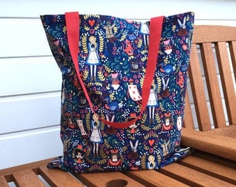 Alice in Wonderland Tote Bag, Metallic Alice Shopping Bag, Navy Cotton Bag, Ethical Shopper, Summer Accessories