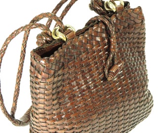 Vintage, Talbots Woven Bag with Gold Hardware. Brown Leather!