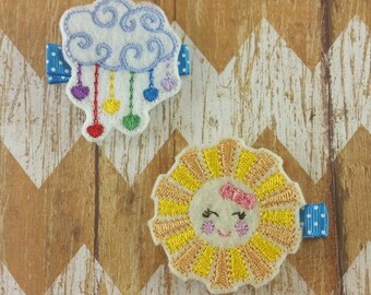 Sun and rain hair clips, weather hair clips, sun hair clip set, hair clippies, toddler hair bows, clippie set, rain cloud and sun hair clips