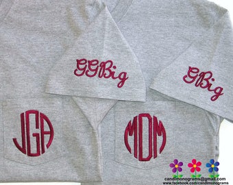 Embroidered Big Little Sorority Shirt Short Sleeve Monogram Pocket T-Shirt Unisex ~ Lots of Colors ~ Custom ~ Family GBig GGBig Twin etc