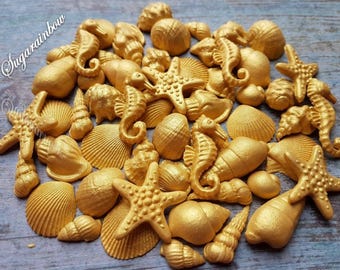 45 Edible sugar cake decorations shells sea horse stars cake cupcake toppers GOLD