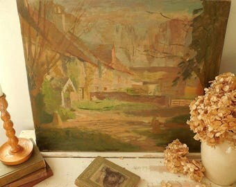Charming vintage oil painting on canvas, country cottages