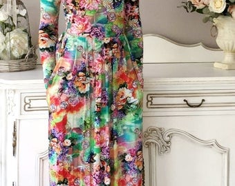 Floral Maxi Dress Long Sleeves Pockets