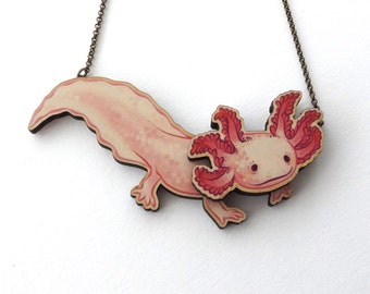 Laser Cut Adorable Axolotl Statement Necklace - Newt Salamander Amphibian Pond Fish Axolotl Mermaid Animal Aquarium Pet Jewellery