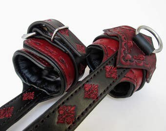 Suspension BDSM Tooled Leather Wrist cuffs, Sub wrist cuffs, Slave wrist cuffs, Bondage restrains,mature
