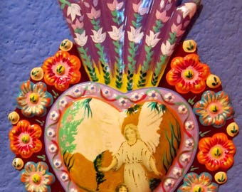 Sacred Heart Tin Milagro - Guardian Angel Children On Bridge