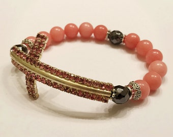 Sideways Cross Bracelet . Pink Jade Bracelet. Catholic Bracelet. Pink Bracelet. Cross Bracelet. Religious Bracelet. Religious Gift. #HP30