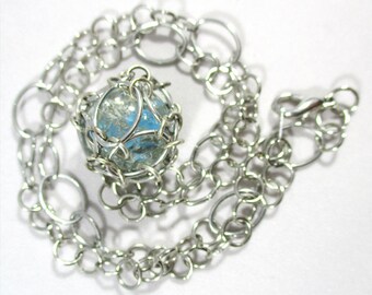 Marble Necklace - Caged Blue Fried Glass Pendant