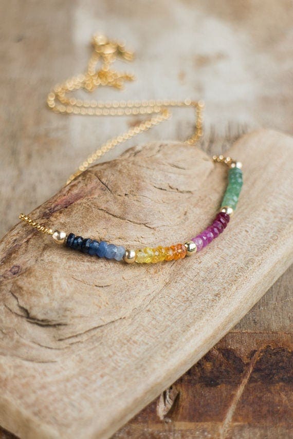 Gemstone Rainbow Necklace, Emerald, Ruby, Sapphire Necklace, Multi Stone Jewellery, May- July-September Birthstone Necklace, Wife Gift