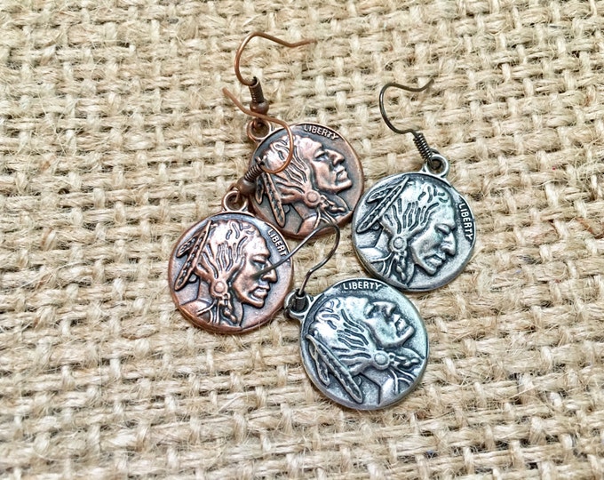 Replica Coin Earrings, Native American Head Earrings, Indian Nickel Drops, Buffalo Nickel Drops, Cowgirl Earrings, Buffalo Nickel Earrings