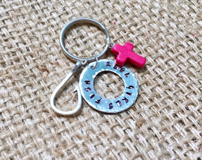 Fish Hook Keychain, Silver Hook Keychain, Stamped Keychain, Reel Girls Fish, Fish Hook Keyring, Fishing Gift, Stamped Hook Keyring