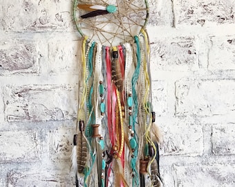 Hippie Chic Rustic - Dream Catcher - Bohemian Decor - Custom Dream Catcher - Coral - Teal - Yellow