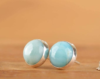 Larimar Earrings, Dominican Larimar Stud Earrings 6mm, 8mm, 10mm. Ocean blue Gemstone: Oxidized Sterling Silver, 14k Gold Fill, gift for Her