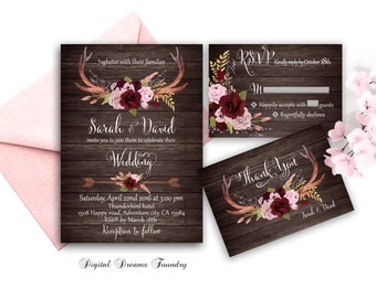 Marsala Wedding Invitation Printable Boho Wedding Invitation with Antlers Rustic Wedding Set Floral Wedding Blush Pink Rose Wedding