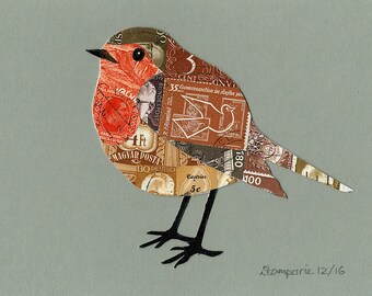FREE SHIPPING ; Robin - Unique hand-made collage from different cancelled vintage postage stamps.
