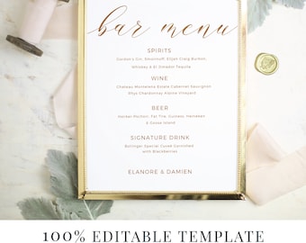 Wedding Bar Menu Template, Editable Bar Menu Printable, Word or Pages, Mac or PC, Rustic Calligraphy, Instant DOWNLOAD