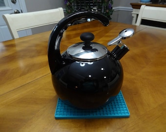 Vintage Enamel Black Whistling Tea Kettle - Black Enamel Tea Kettle