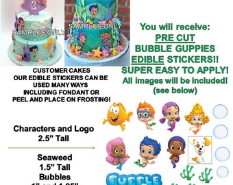 Bubble Guppies Edible PRE CUT Stickers, Bubble Guppies Edible Sticker Cake Decoration, Pre Cut Edible Stickers, Decal Transfers, Guppy Cake