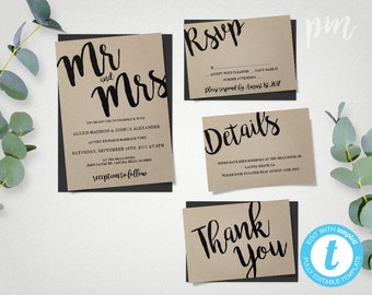 Wedding Invitation Printable Template, Mr and Mrs Wedding Invite Editable Template, Instant Download Printable Invitation, Kraft Invitation