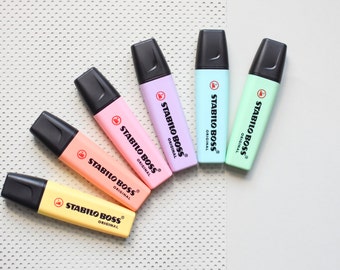 6 Pastel Highlighters, Stabilo Boss highlighting pens, pastel pens, colored pens, Stabilo pens