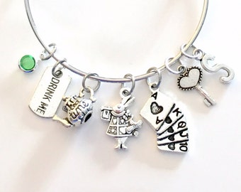 Alice in Wonderland Jewelry Charm Bracelet, Gift for Teenage Daughter Teen Girl Woman Lady Silver Musical Theater Movie Fantasy Rabbit Cards