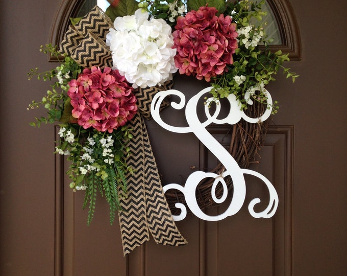 Spring Wreath for Front Door - Hydrangea Wreath - Grapevine Summer Wreath - Front Door Monogram - Everyday White and Rose Hydrangea Wreath