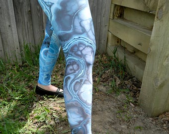 Marble Leggings - Blue Yoga Pants, Underwater Fractal Printed Tights, Digital Tye Dye Leggings