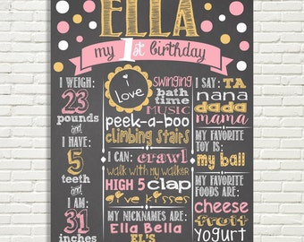 Girls First Birthday Chalkboard Sign 16x20" Poster Dots Pink Gold or *Choose Your Own Colors* Digital File ONLY