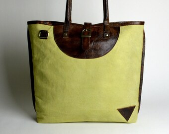 Green buckle tote ~ Green canvas/ leather tote ~ Laptop Tote ~ Leather Tote ~ Canvas Tote ~ Spacious tote ~ orgainc tote~ Travel Tote