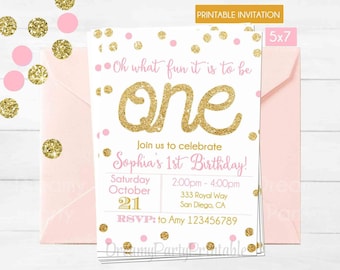 Pink and Gold First Birthday Invitation, Pink and Gold Invitation, Digital File, Printable 1st Birthday Invitation.