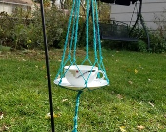 Teacup Bird Feeder, Contemporary Bird Feeder, Hanging Bird Feeder, Glass Bird Feeder, Twine Hung Feeder, Squirrel Proof Feeder, Unique Bird