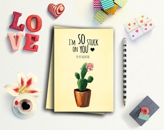 Funny valentines day cards, Cactus valentine, Valentines Day Card, I'm so stuck on you, Valentines Day print, printable valentine card