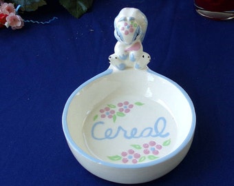 Sweet Twin Winton California pottery baby's childs cereal bowl In blue & pink, green on white. Hand decorated squirrel, flowers. Midcentury