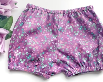 Floral girls shorts, Purple baby girl shorts, Floral baby shorts, Girls bubble shorts, Toddler shorts, Baby bloomers, Floral bloomers.