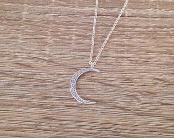 Crescent Moon Necklace, Celestial Pendant, Crystal Moon Pendant, Cubic Zirconia Jewelry, Moon Charm Necklace, CZ, Silver Rhodium Plated